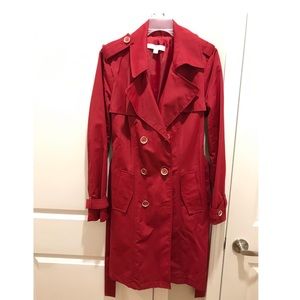 Red belted trench coat